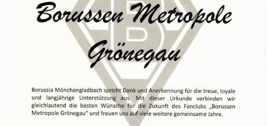 Urkunde von Borussia Mönchengladbach zum 10-jährigen Bestehen der Borussen Metropole Grönegau als offizieller Fanclub.